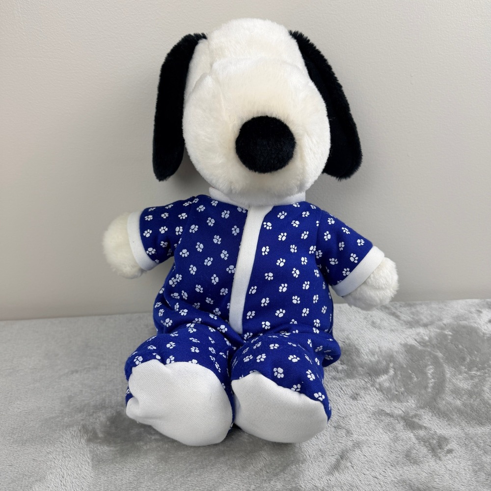 Peanuts Snoopy Plush Stuffed‎ Animal Blue Paw Print Pajamas 15 Inch White Black